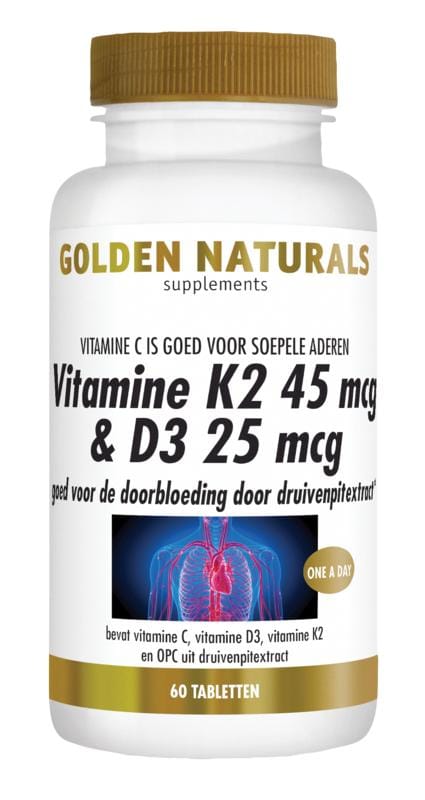 Golden Naturals Vitamine K2 45mcg & D3 25mcg Tabletten - 60VTB | Zensitivity Golden Naturals Vitamine K2 45mcg & D3 25mcg Tabletten - Hart en bloedvaten complex kopen-vitamine online - Hart en bloedvaten kopen - supplementen kopen-voedingssupplementen-beste voedingssupplementen-supplementen bestellen-zensitivity