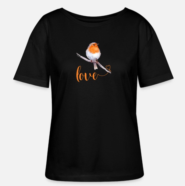Dames bio T-shirt met ronde hals met print roodborstje-zwart dames t-shirt-shirt bedrukken-dames shirt bedrukken-zensitivity-spirituele shirts