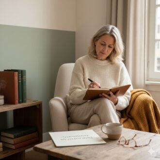 Een vrouw van in de vijftig zit ontspannen in een lichte kamer in een beige fauteuil. Ze schrijft in een notebook. De kamer is ingericht in de kleuren Sage Green, warm wit en Soft Ochre, met natuurlijke texturen zoals een gebreide deken en hout.