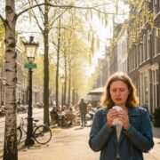 Een jonge vrouw die niest in een zakdoek op een zonnig Nederlands terras, omringd door berkenbomen die pollen verspreiden.