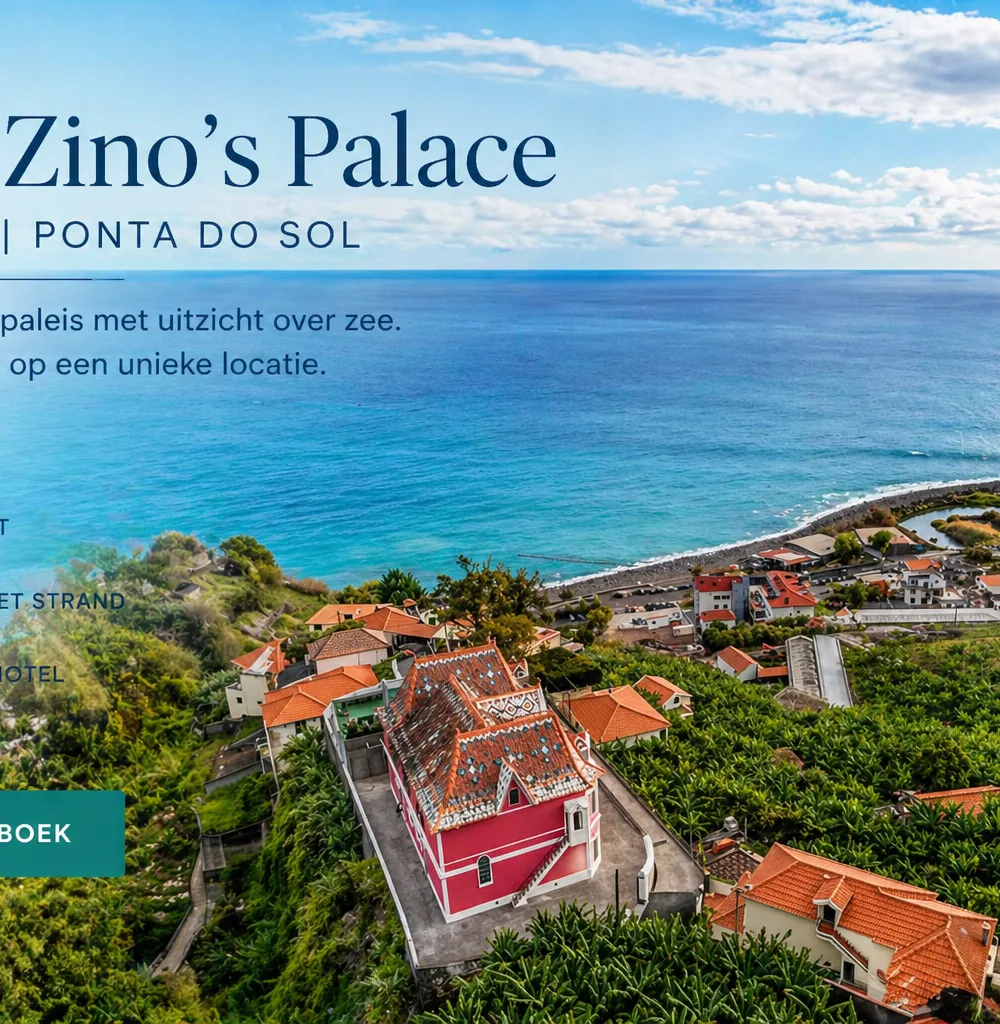 1905 Zino’s Palace in Ponta do Sol op Madeira, een roze historisch boutique hotel op een groene heuvel met uitzicht over de Atlantische Oceaan en het kustdorp beneden, vastgelegd in een heldere lucht met blauwe zee en terracotta daken.-vakantie madeira-kerstvakantie boeken-herfstvakantie-zomervakantie