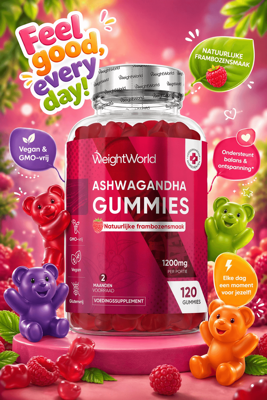 Ashwagandha gummies van WeightWorld met 1200 mg extract en frambozensmaak