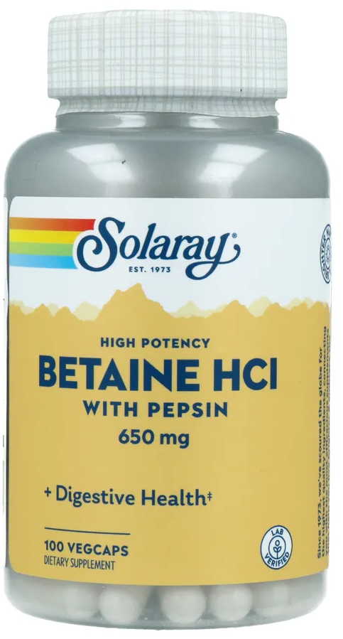 Solaray Betaine HCI 650mg Capsules Maagzuur supplementen
